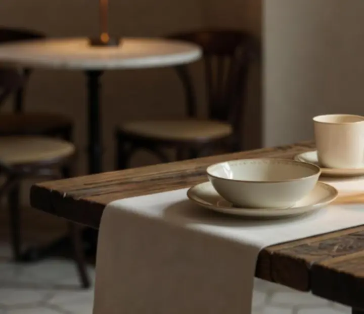 Detail of European bistro-inspired decor with mid-century lighting and handcrafted wood at Embergrillsociety.