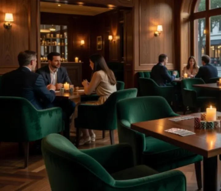 Candlelit card lounge interior at Embergrillsociety with velvet seating and polished tables.