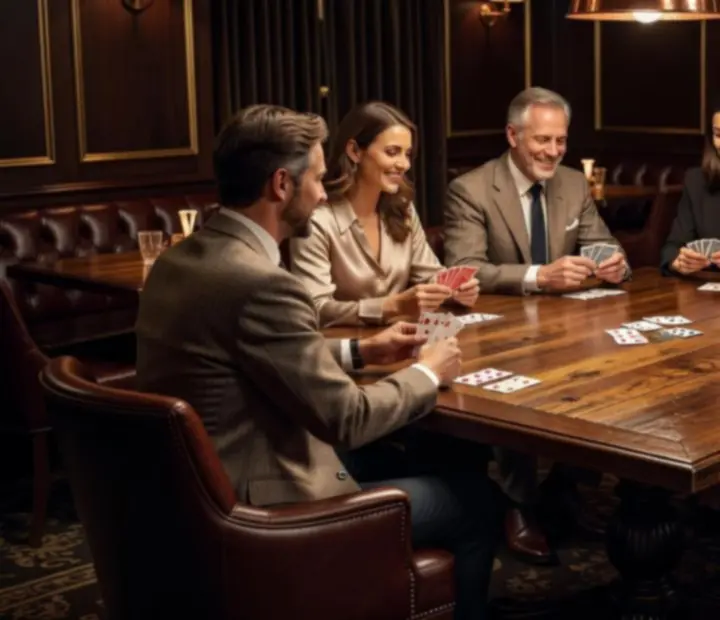 A dimly lit card table set for an evening of friendly card matches in the Hearth Card Lounge.