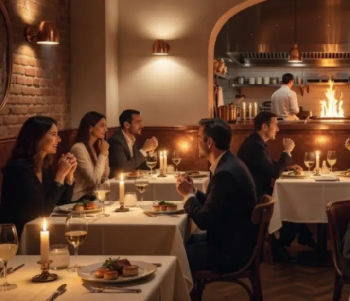 Evening dining atmosphere at Ember Grill Society with open flames and linen-draped tables