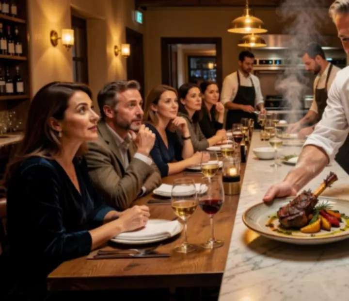 A guest chef plating a refined woodfired tasting course in a softly lit bistro kitchen.