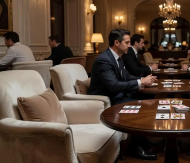 Warmly lit private Hearth Card Lounge with classic card tables