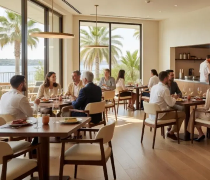 Ivory-toned interior of Ember Grill Society with an open woodfired grill and linen-dressed tables