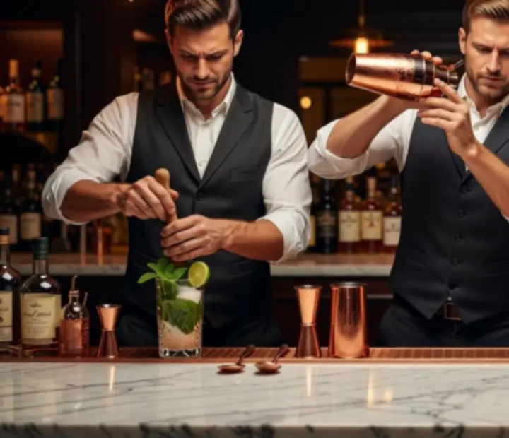 Team of mixologists crafting cocktails behind the bar