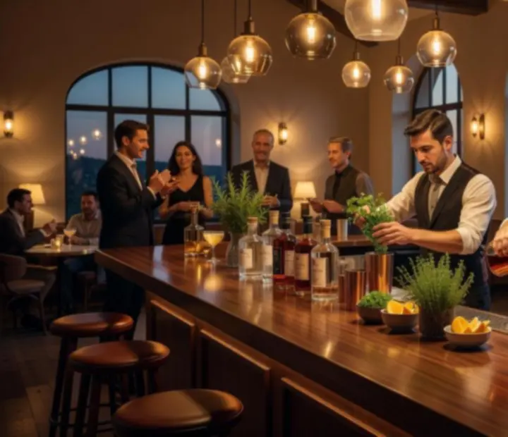 Warmly lit mixology bar with bottles, glassware, and woodfired glow